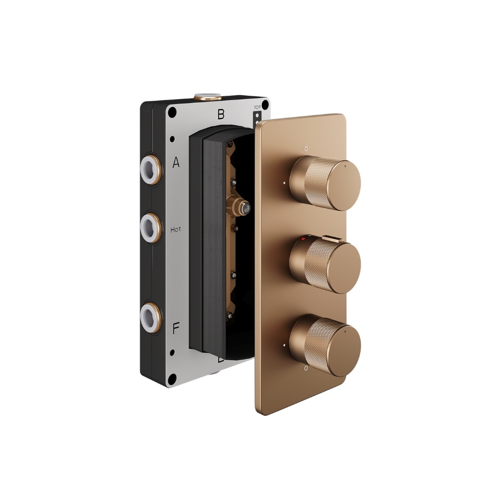 Product Cut out image of the Abacus Iso Pro Brushed Bronze 3 Outlet 3 Handle Thermostatic Shower Valve